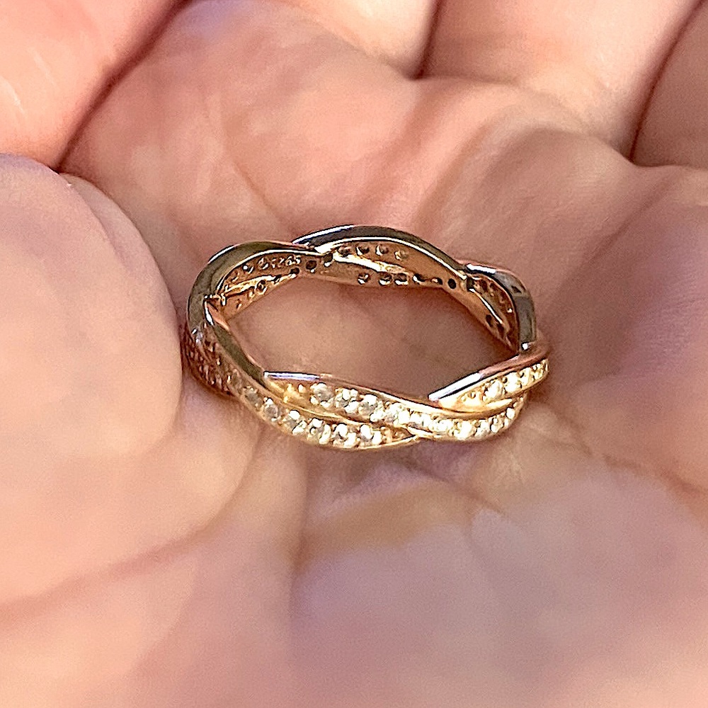 Rose Gold Plated Sterling Silver Entwined Ring with Cubic Zirconia (Size US 7)